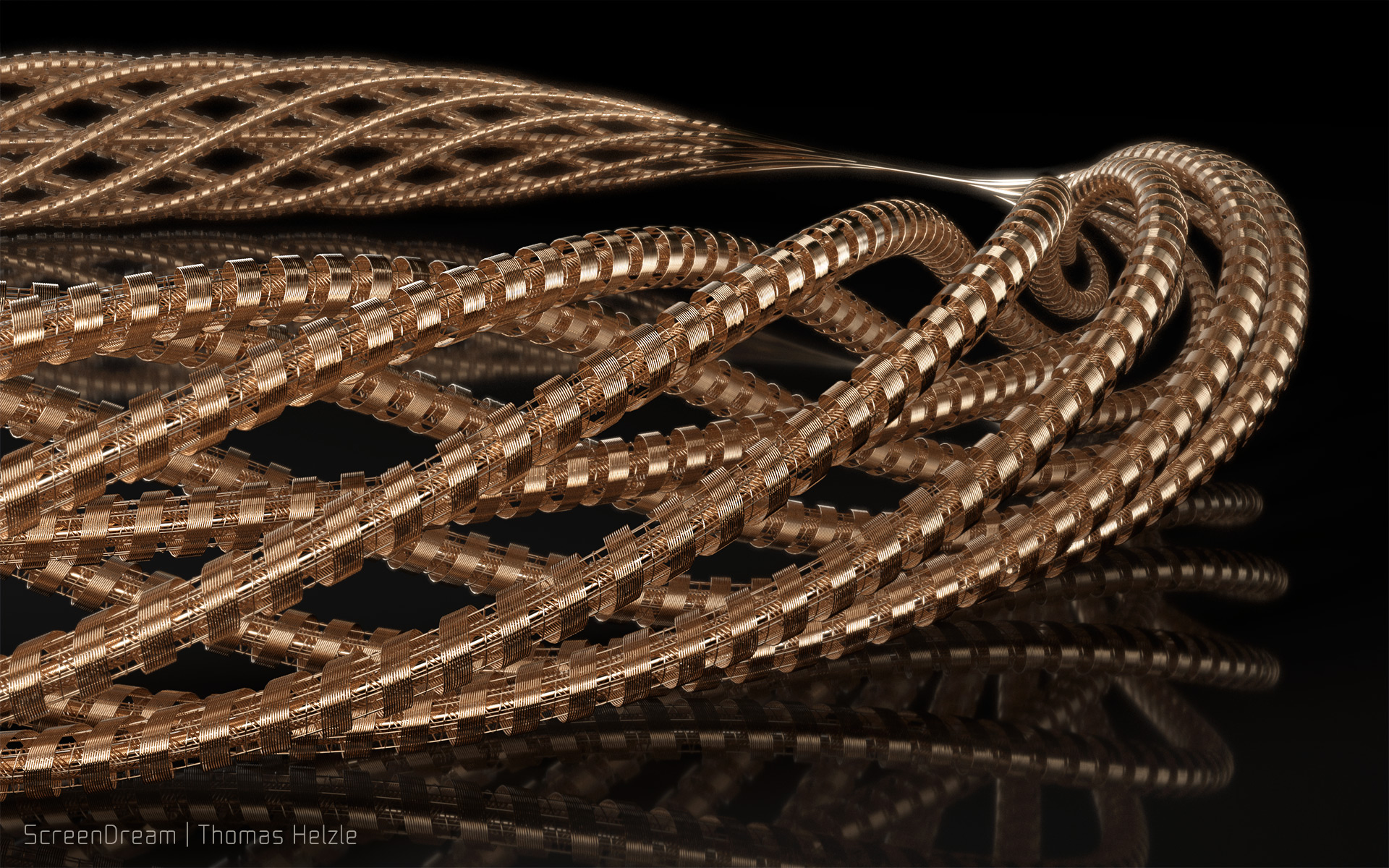 A series of images of wound wires, created in SideFX Houdini